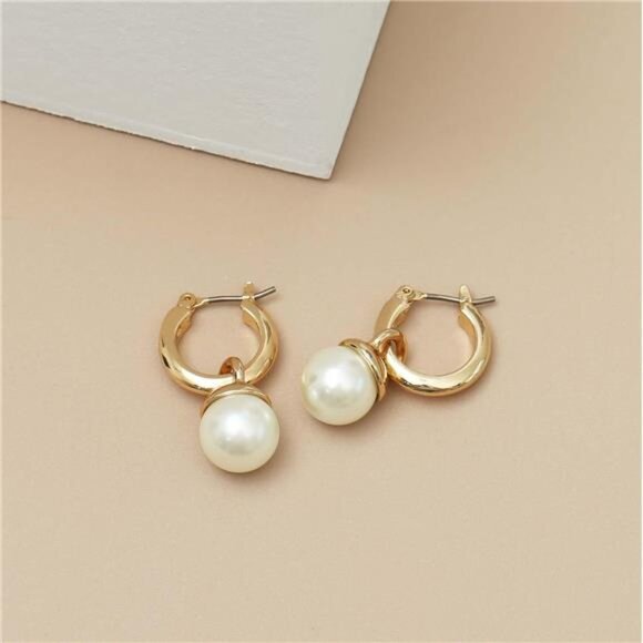 14K Gold-Plated Pearl Hoop Drop Earrings – Lightweight, Hypoallergenic - Picture 6 of 6